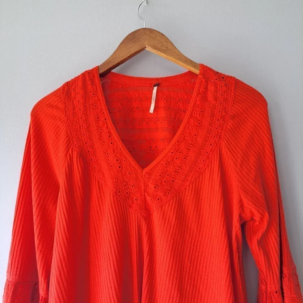 Free People Bright Orange Bell Sleeve V-Neck Top